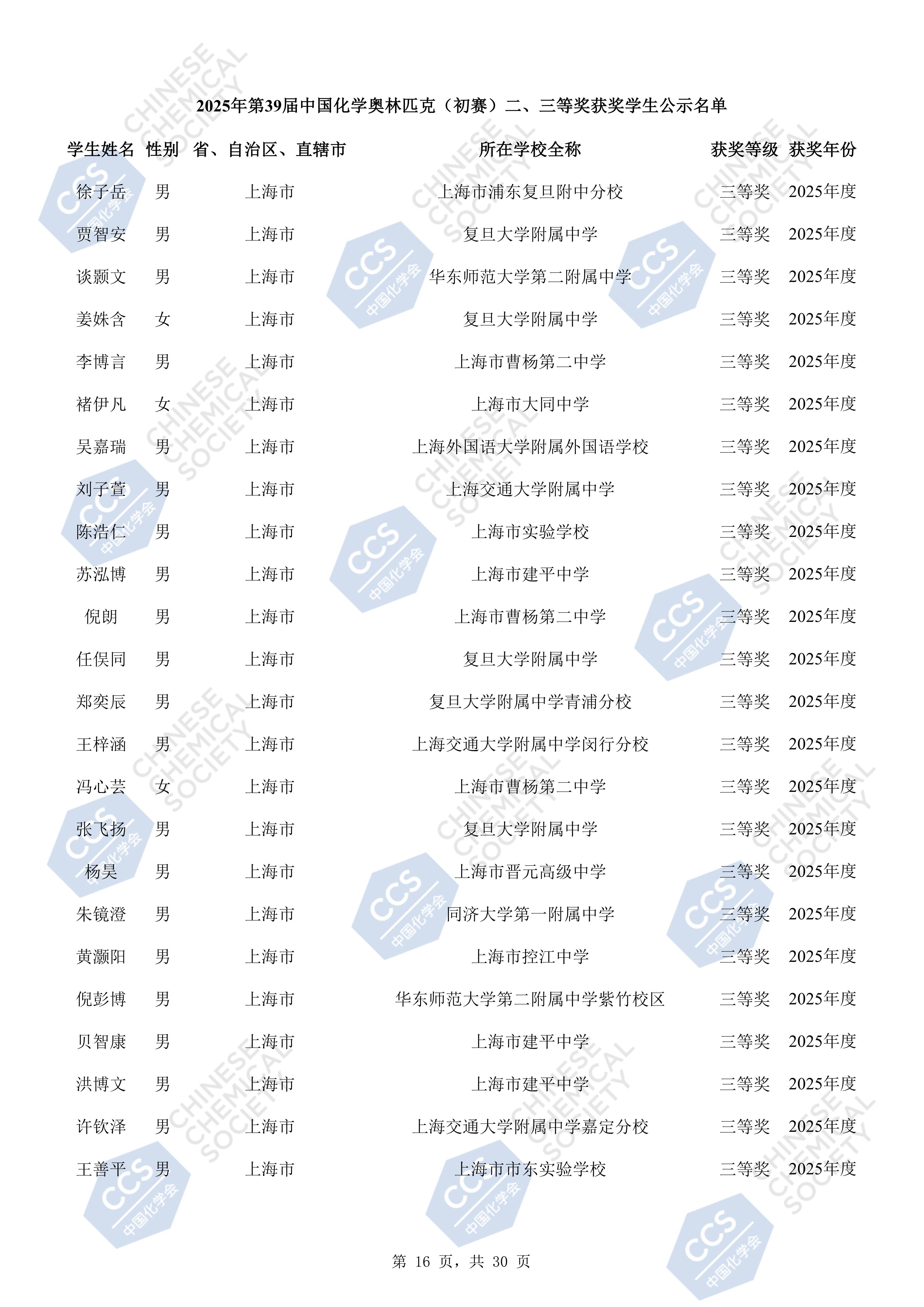 上海2025年第39届中国化学奥林匹克初赛三等奖名单